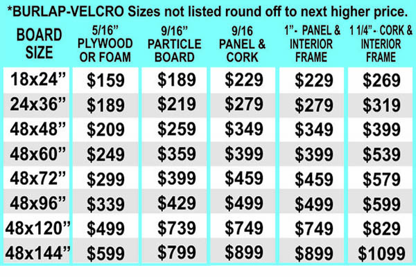 BURLAP BULLETIN BOARD PRICING