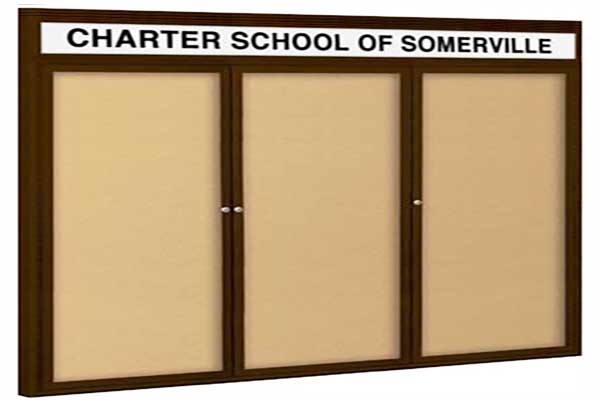 Three hinged doors with header cork board cabinet