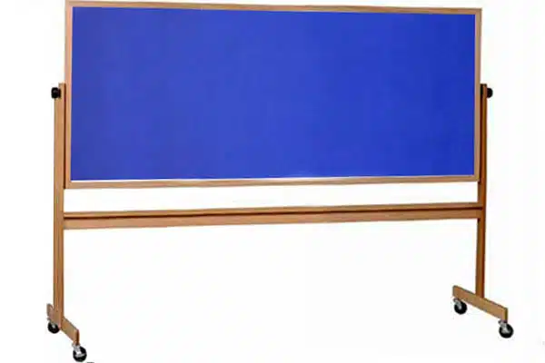 Rolling blue bulletin board, framed with wood structure